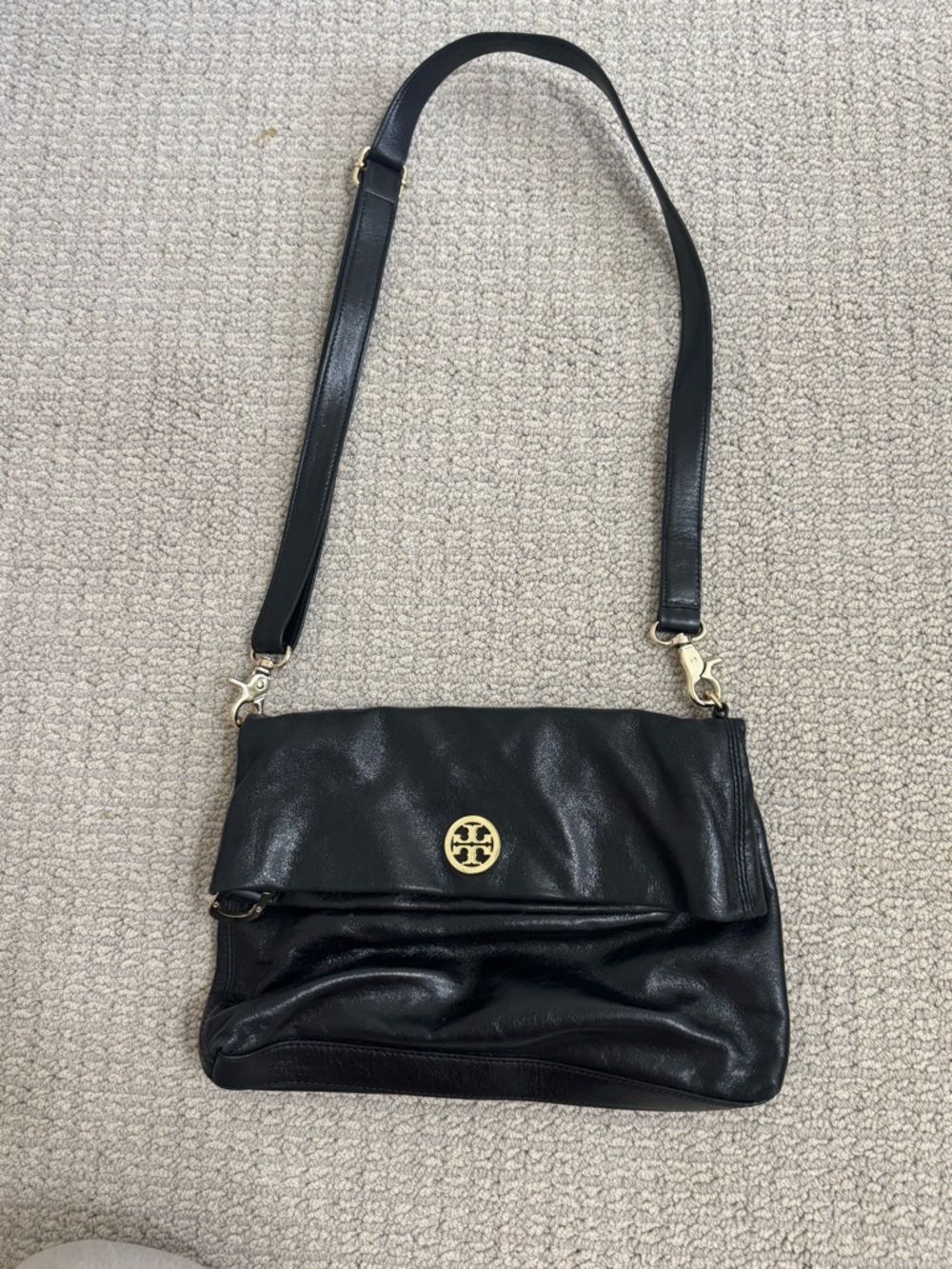 Tory Burch Black Leather Foldover Crossbody with Gold Logo